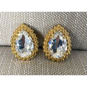 Vtg Large Faceted Crystal Gold Tone Bead Look Moda Bijoux Clip Earrings.